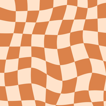 Wavy checkerboard background in brown and beige tones. Retro-style distorted squares with a funky...