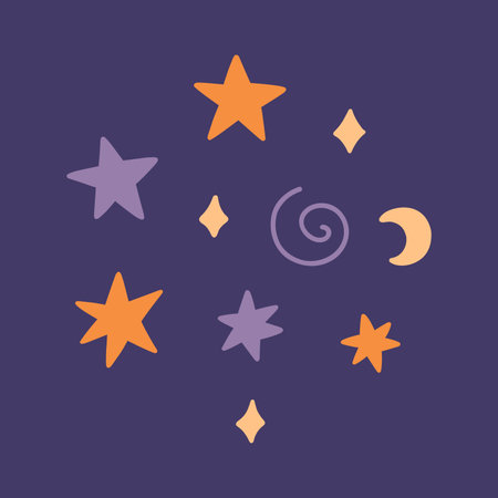 Cute Halloween decorative elements - stars, moon, sparkles and spiral on a dark background. Vector hand-drawn illustration in a flat style. Perfect for cards, decorations and holiday designs.のイラスト素材
