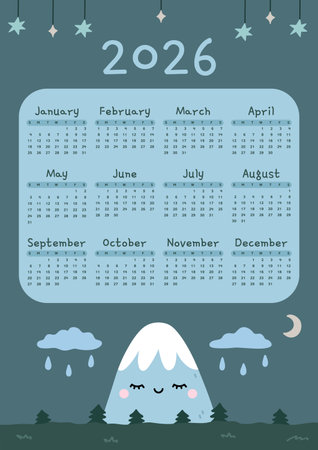 Cute calendar for 2026, week starts on Sunday. Vertical annual calendar template for printing. Perfect for kids nursery or home decor. Schedule for planning, organization. Kawaii design for children.のイラスト素材