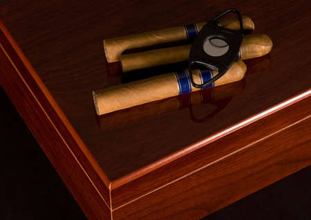 Cigars and cutter on top of a cigar boxの写真素材