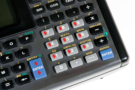 Calculator with red dollar signs on the numerical buttons