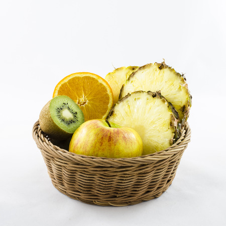 Fruit composition in wicker basket.の写真素材