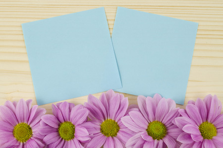 Blank blue cards and pink flowers on wooden backgroundの写真素材