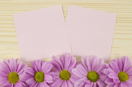 Blank pink cards and pink flowers on wooden backgroundの写真素材
