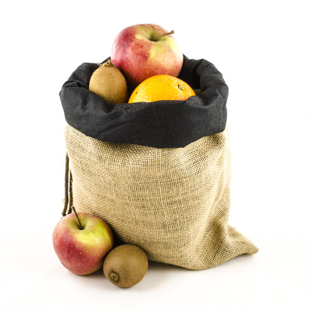 Jute bag with apple fruitsの写真素材
