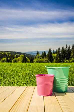 Garden buckets on wooden tableの写真素材