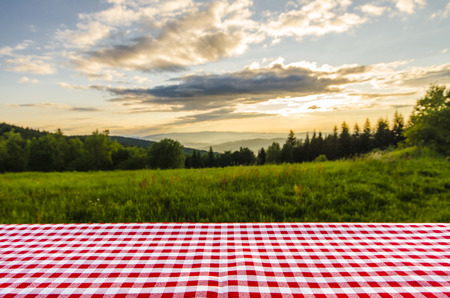Empty table with landscape backgroundの写真素材