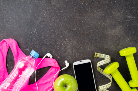 Fitness equipment on dark backgroundの写真素材