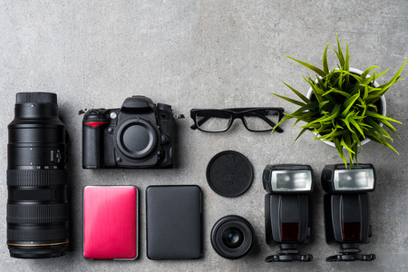 Photography equipment on stone backgroundの写真素材