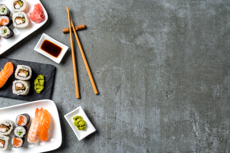Set of Japanese sushi. Top viewの写真素材