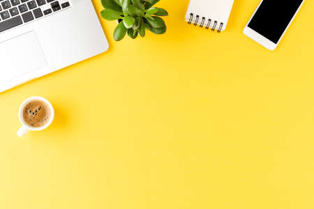 Business background with laptop and accessories. Office desktopの写真素材