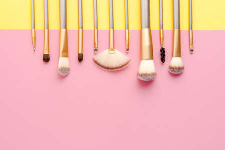 Collection of make up brushes. Flat layの写真素材