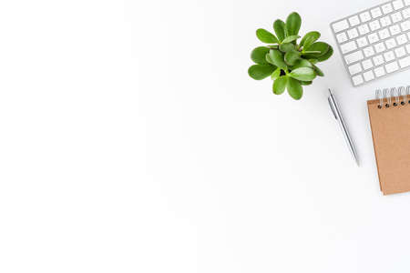 Modern office desktop with keyboard, notebook, pen and small succulent. Business background with...