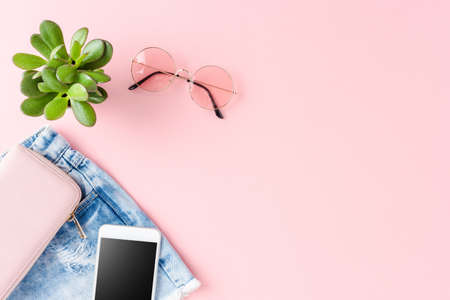 Overhead shot of female clothes and accessoriesの写真素材