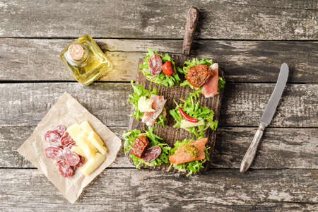 Italian sandwiches on wooden tableの写真素材