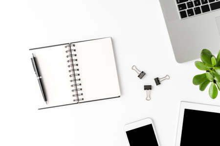 Modern workspace with business accessories and empty notebook. Office desktopの写真素材