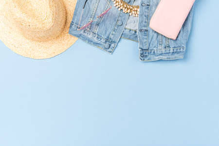 Women's summer clothes on blue backgroundの写真素材