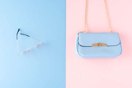 Women's purse and sunglasses. Flat layの写真素材