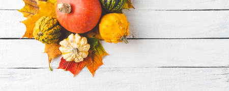 Composition of autumn leaves and pumpkins on white wooden table. Thanksgiving concept. Bannerの写真素材