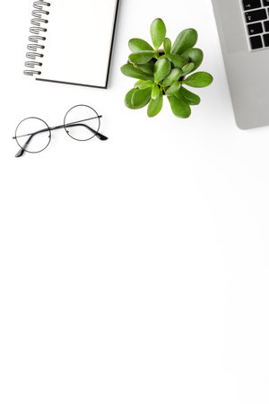 Elegant office desktop with business accessories. Modern workplace with copyspaceの写真素材