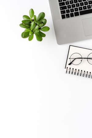 Office desktop concept with laptop, notebook, eyeglasses and small succulent isolated on white...