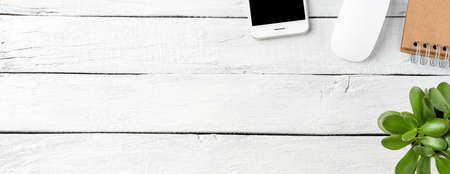 Business background. Office desktop with accessories. Banner. Top viewの写真素材
