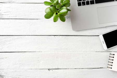 Business background. Office desktop with laptop, smart phone, notebook and green flower. Top viewの写真素材