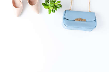 Fashion background with purse and high heelsの写真素材