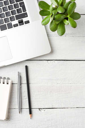 Laptop, notebook, pens and small succulent on white wooden table. Business background. Top view