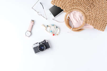 Women's accessories for summer season. Top viewの写真素材