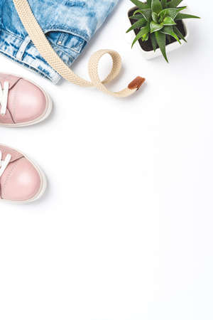Collection of female outfit with accessories. Flat layの写真素材