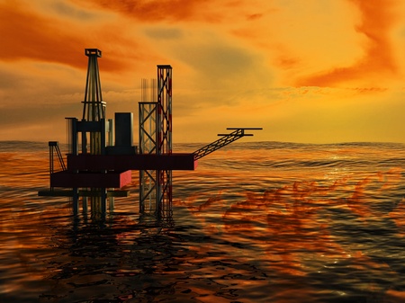 3d Oil Rig Silhouette, Ocean and Sunset, Orange Skyの写真素材