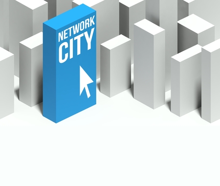 3d network city conceptual model of miniature downtown with distinctive skyscraper, Background and copyspaceの写真素材