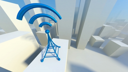 3d Wireless network in city with wifi tower, Creative concept of communication