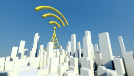3d Wireless network in miniature city with wifi tower, Creative concept of communicationの写真素材