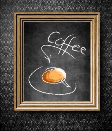 Coffee menu chalkboard in old wooden frame on vintage wallの写真素材