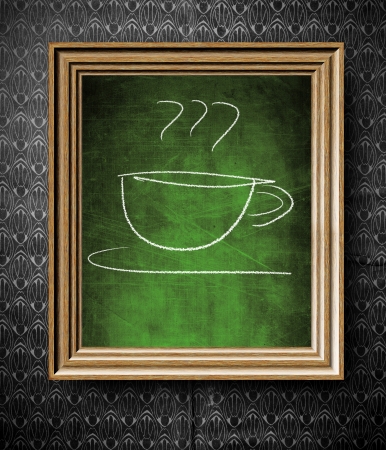 Coffee menu chalkboard in old wooden frame on vintage wallの写真素材