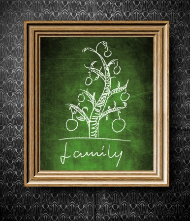 Geneological family tree chalkboard in old wooden frame on vintage wallの写真素材