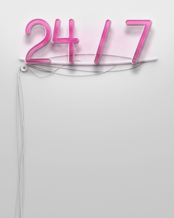 Glowing neon signboard with 24 7 word and copyspaceの写真素材