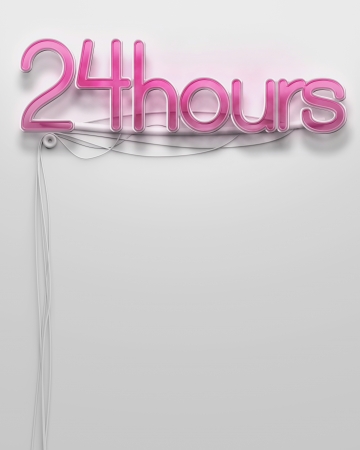 Glowing neon signboard with 24 Hour word and copyspaceの写真素材