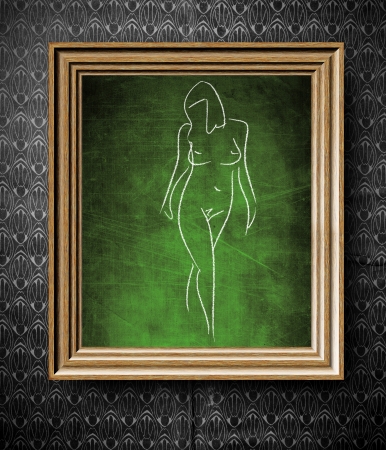Illustration woman sketch chalkboard in old wooden frame on vintage wallの写真素材