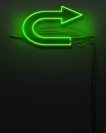 Neon glowing signboard with arrow sign and copyspaceの写真素材