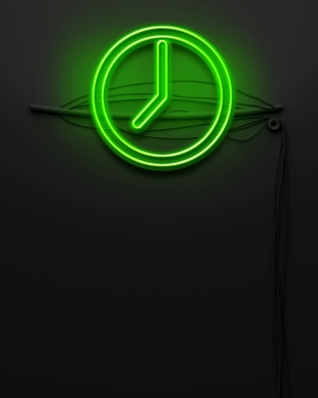 Neon glowing signboard with clock sign and copyspaceの写真素材