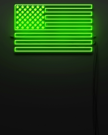 Neon glowing signboard with USA flag and copyspaceの写真素材