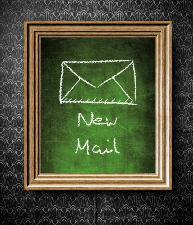 New E-mail symbol chalkboard in old wooden frame on vintage wallの写真素材