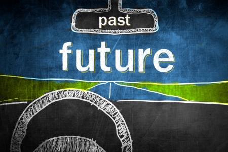 Past and future concept inside car, chalk sketch on blackboardの写真素材