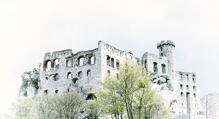 Vintage stone castle ruins on the rockの写真素材