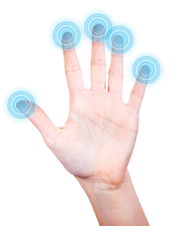 Palm of woman hand and touch screen isolated on white