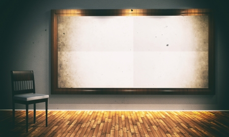 Vintage background with empty frame and old chairの写真素材