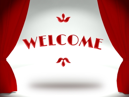 Welcome word on theater stage with red curtainsの写真素材